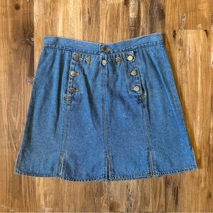 VTG 80s 90s Blue Jean Denim Sailor Style Button Front Nautical Slit Mini Skirt